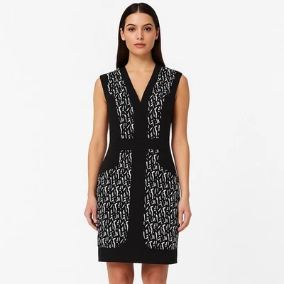 Vestido de encaje French Connection negro blanco estampado geométrico sin mangas cuello en V talla 4 Foto 1 de 4