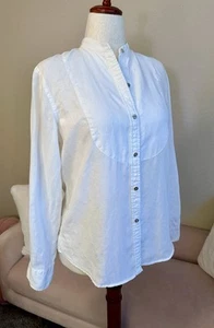 Chaps 100% Linen Button Up Shirt Blouse Top White Banded Collar Bib Front Sz M - Picture 1 of 11