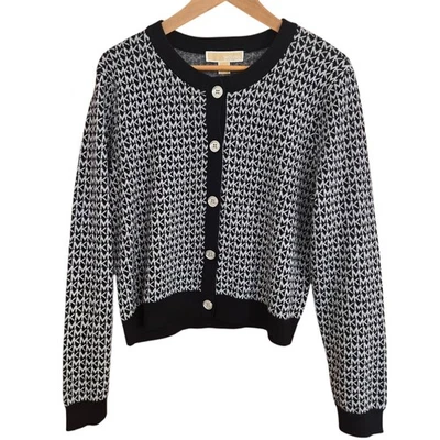 Michael Kors Cardigan Sweater Womens XL Black White Knit Gold Buttons MK Logo - Image 1 of 4