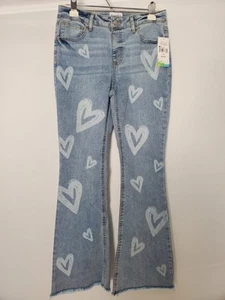 Colorful Planet Frayed Hem Flare Jeans Hearts Print Girl's Size 16 NWT - Picture 1 of 8