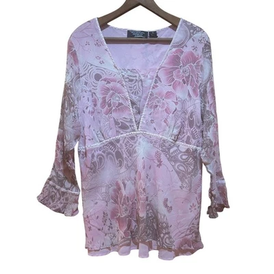 New York City Designs Silk Blouse Women 2X Pink Floral Babydoll Y2K Fairy Dainty - Image 1 of 4