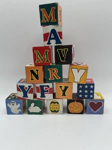 Holiday Wooden Blocks 16pcs. 1.5" Pictures & Letters Vintage - Picture 1 of 4