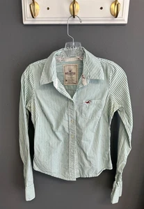 Vintage Hollister Button Shirt Jrs Size Medium 90s Y2K Striped Green White Top - Bild 1 von 3