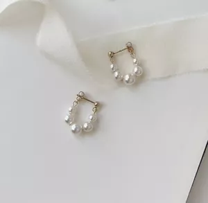 18K Gold Plated Glass 4mm 5mm Pearls Stud Hoop Earrings - Picture 1 of 2