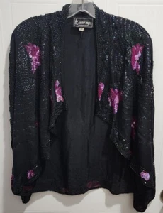 Vintage 80er Sister Max Damen Cardigan Jacke vorne offen schwarz Pailletten Perlen Seide M - Bild 1 von 13