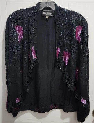 Cárdigan Chaqueta De Colección Años 80 Sister Max Para Mujer Frente Abierto Negro Lentejuelas Cuentas Seda M Foto 1 de 4