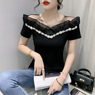Women Ruffle Beaded Boat Neck Slim Fit Summer Party Cocktail T-Shirt Tops Blouse