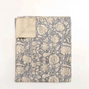 Indian Hand Block Print Kantha Quilt Blanket Cotton King Size Bedspread Throw Ne - Picture 1 of 6