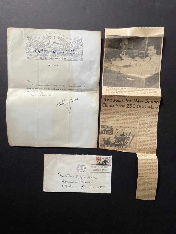 US 1964 FDC +Civil War Centennial +Letter Signed by Allen Jones +Newspaper Clip - Image 1 of 1