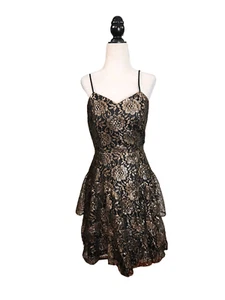 Black & Gold Ruffle Lace Prom Dress Strappy Sexy 80s Short Tiered - Picture 1 of 5