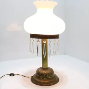 Vintage Brass Electric Table Lamp Milk Glass Shade Hanging Clear Glass Crystals - Picture 1 of 11
