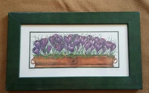 FIONA BUTLER "SPRING BULBS" (CROCUS PURPLE FLOWERS) GREEN FRAME PRINT - Picture 1 of 6