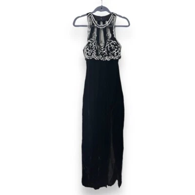 Vintage 90s Roberta Black Velvet Flower Embellished Slit Halter Maxi Dress Prom - Image 1 of 4