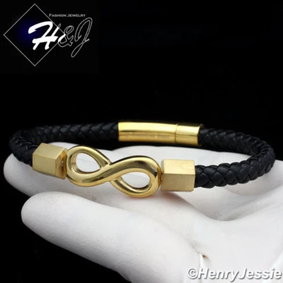 Brazalete de cuero trenzado negro infinito chapado en oro acero inoxidable 8" HOMBRE*GB94 Foto 1 de 2