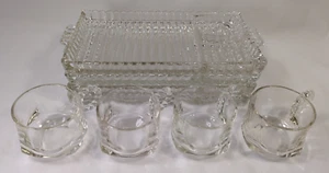 VTG Hazel Atlas ORCHARD CRYSTAL - Set of 4 Glass Snack Sip & Smoke TRAYS w/ CUPS - Picture 1 of 10