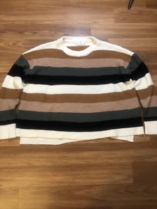 Leela & Lavender Chunky Knit Cropped Striped Sweater in Black Brown Tan Size M/L - Picture 1 of 9