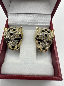 VTG Gold Tone Rhinestone Leopard Panther Clip On Earrings Unsigned Estate - Picture 1 of 10