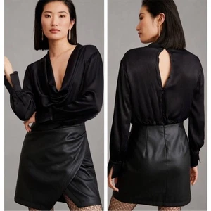 Mini Abito Maeve Anthropologie Nero Raso e Pelle Vegan Scollo Cappuccio Taglia 8 - Foto 1 di 10