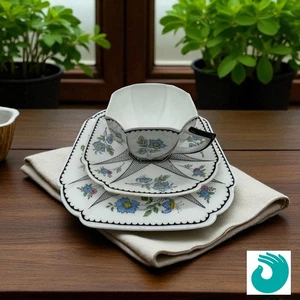 Plato platillo trío Shelley Queen Anne forma Art Deco flores 11477 - Imagen 1 de 14