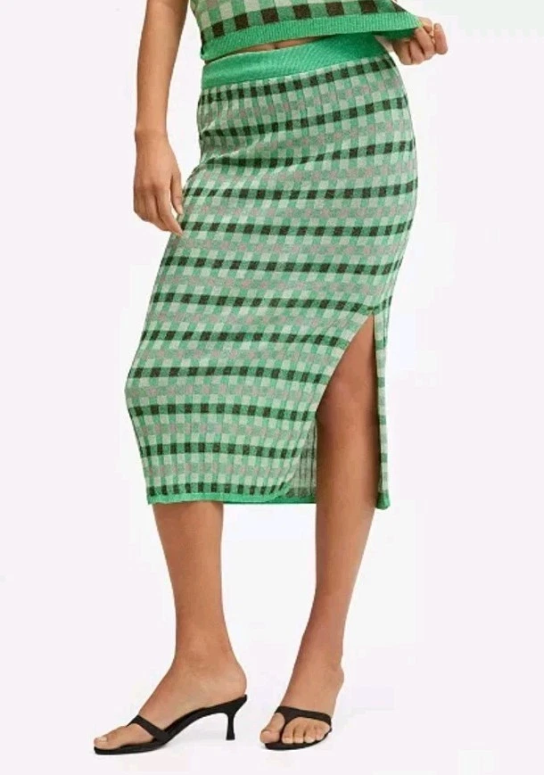 Mango MNG Lurex Knitted Striped Metalic Midi Skirt Green Black Silver XSMALL  - Image 1 of 4