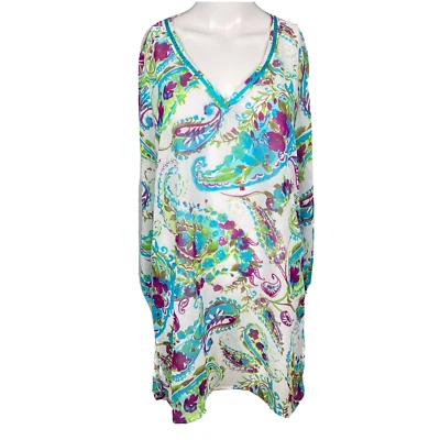 Camisa Tommy Bahama Mujer Talla M Blanca Púrpura Paisley Gasa Cuello en V Top Fluido Foto 1 de 4