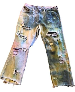 Wrangler Distressed Custom Denim Jeans 32x32 Tie Dyed 70s 80s Read Grunge - Imagen 1 de 11