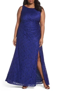 ADRIANNA PAPELL Blue Stretch Floral Lace Cowl Drape Back Column Slit Gown 20W 2X - Picture 1 of 8