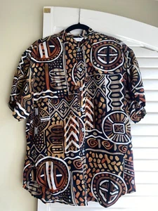 Vintage 1990s Toto n Ko 100% Silk Tribal Aztec African Print Button Down Top - Picture 1 of 8