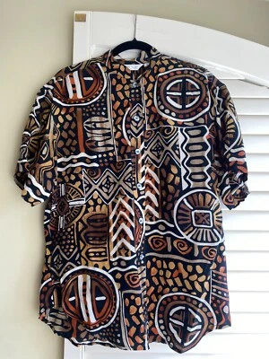 Vintage 1990s Toto n Ko 100% Silk Tribal Aztec African Print Button Down Top - Image 1 of 4