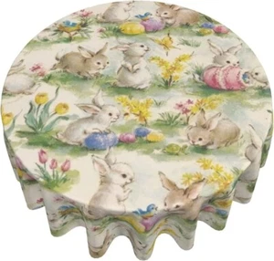 Easter Bunny round Tablecloth, 60 Inch Cute Rabbit Easter Eggs Hunt Circular Tab - Picture 1 of 7