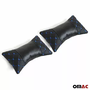 2x Car Seat Neck Pillow Head Shoulder Rest Pad Black with Blue PU Leather - Picture 1 of 7