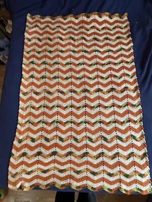 Ручной вязки оранжевый, коричневый, светло-зеленый 58 X 39" ̼ - Изображение 1 из 2