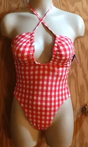 Wild Fable XXS Red Textured Gingham Cross Halter High Leg Swimsuit New - Picture 1 of 9