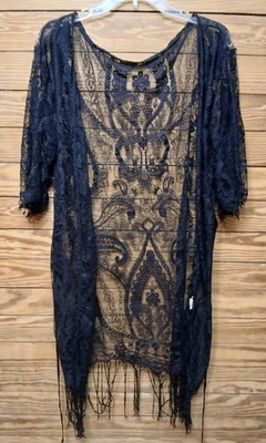 Shirley of Hollywood Bata de Encaje Negra Transparente Flecos Ribete Lencería Mujer’s Pequeña Foto 1 de 4