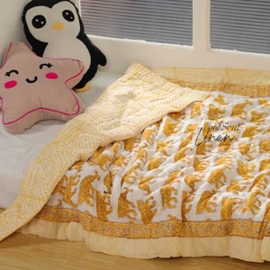 Hand Block Tiger Print Quilt Cotton Reversible Bedding Baby Twin Queen Blanket - Picture 1 of 6