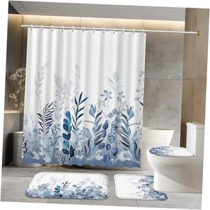 4Pcs Shower Curtain Set, with Toilet Lid Cover and Non Slip Rugs for Darkblue - Picture 1 of 7