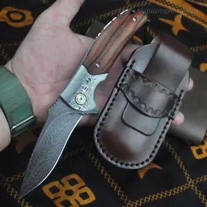 Handgemacht Sammlermesser Federmuster Damast Survival Taschenmesser Lederscheide - Bild 1 von 9