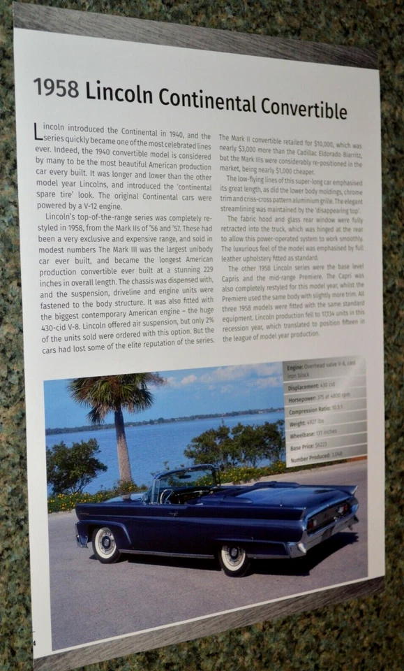 1958 Lincoln Continental Convertible Info Spec Sheet Photo Feature Print 58 4 - Image 1 of 1