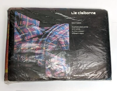 Vtg Liz Claiborne Madras Full Flat Sheet Pink, Blue Plaid Bedtimes Series - New - Image 1 of 4