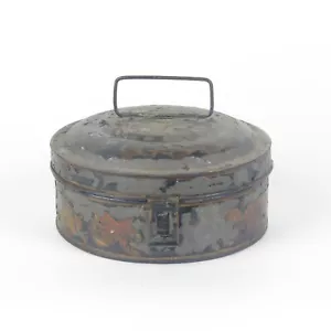 Antique Spice Box Tole Painted Toleware Black Round Primitive Metal 19th c - Picture 1 of 18