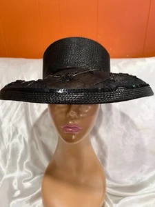 Black Women's Straw Wide Brim Hat For Church,Party,Kentucky Derby Fascinators - Picture 1 of 3