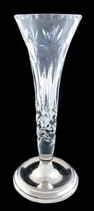 Vintage large crystal trumpet flower bud vase resting on sterling silver base - Picture 1 of 11