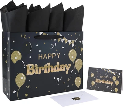 "Juego de bolsa de regalo de feliz cumpleaños negra grande de 13"" con asas, tarjeta de felicitación, pañuelo de papel"  Foto 1 de 4