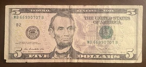 Unique Serial Number 2013 5 Dollar Bank Note 66990707 - Picture 1 of 2