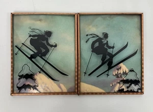 Lote De Colección Pintura Reversa Silueta Vidrio Burbuja Convexo Invierno Esquí Esquiador - Imagen 1 de 8