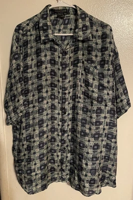 Montage Pour Homme Men's XL Blue Green Abstract Print 100% Silk Button Up Shirt - Image 1 of 4