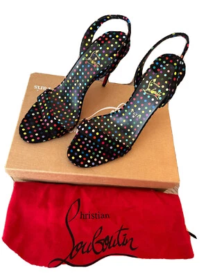 Christian Louboutin O Marylin 100 Negro Lunares Slingback Sandalia Tacón Bomba 40 Foto 1 de 4