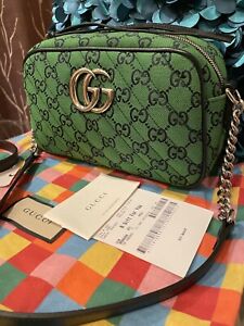 NWT Gucci GG Marmont Matelassé Canvas CrossBody Camera Bag 447632 Green/Navy Blu