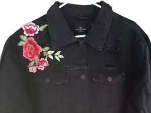 One 5 One Embroidered Denim Jean Jacket Size 2X Black Distressed Grunge Edgy NEW - Picture 1 of 12