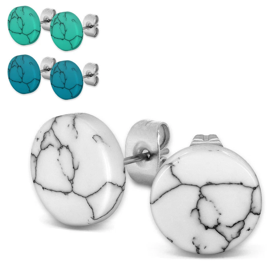 Marmor-Struktur Ohrstecker 1 Paar marmoriert rund weiß blau türkis Ohrringe  - Bild 1 von 1